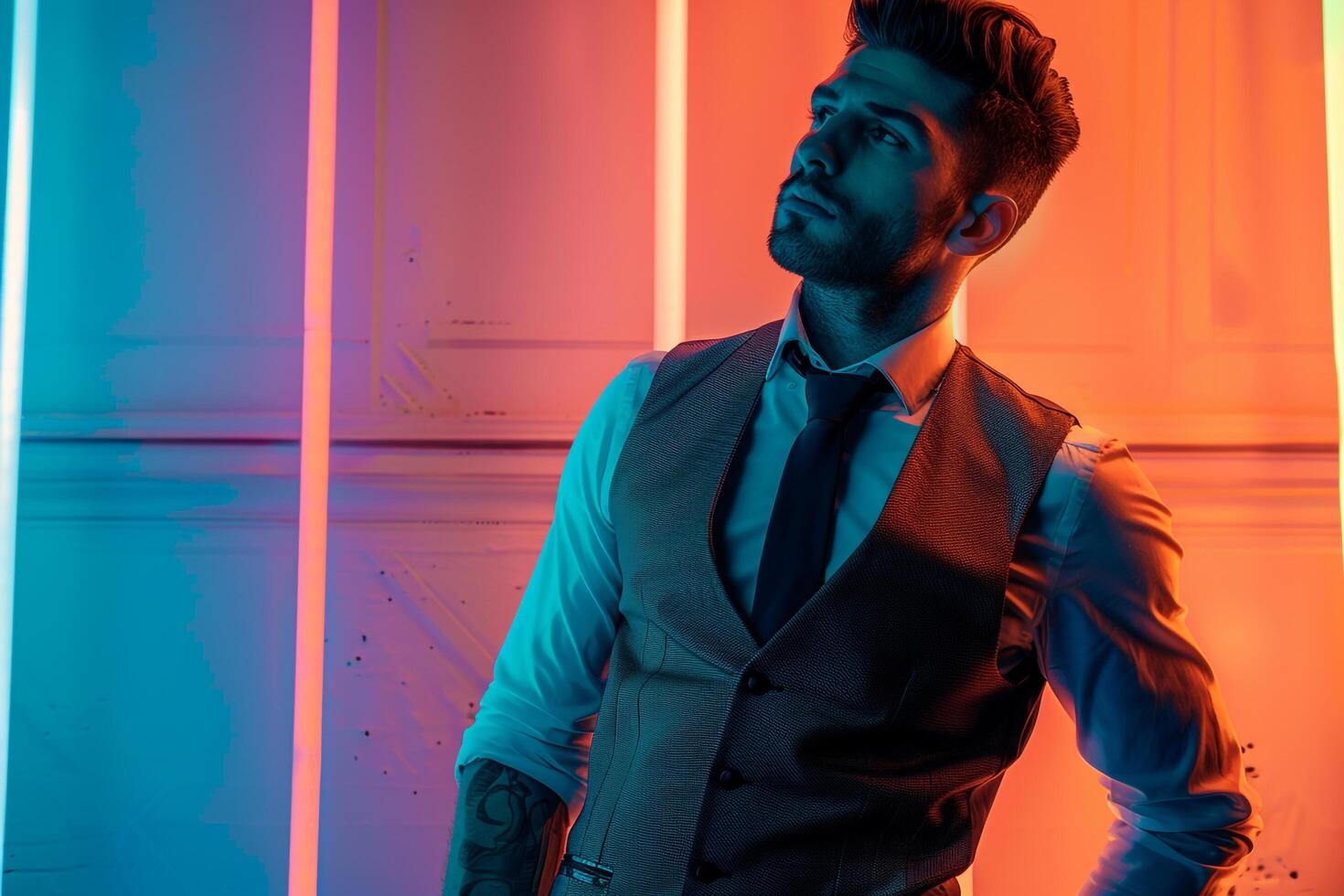 Fashion Model in Casual Vest with Neon Aqua Males portrait and Lifestyle Fashion Background photo