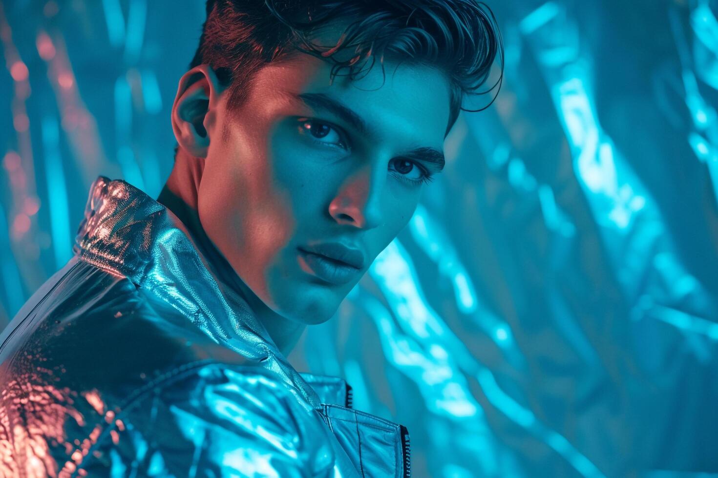 Males Metallic Jacket with Neon Blue Trendy Fashion portrait and Lifestyle Background photo