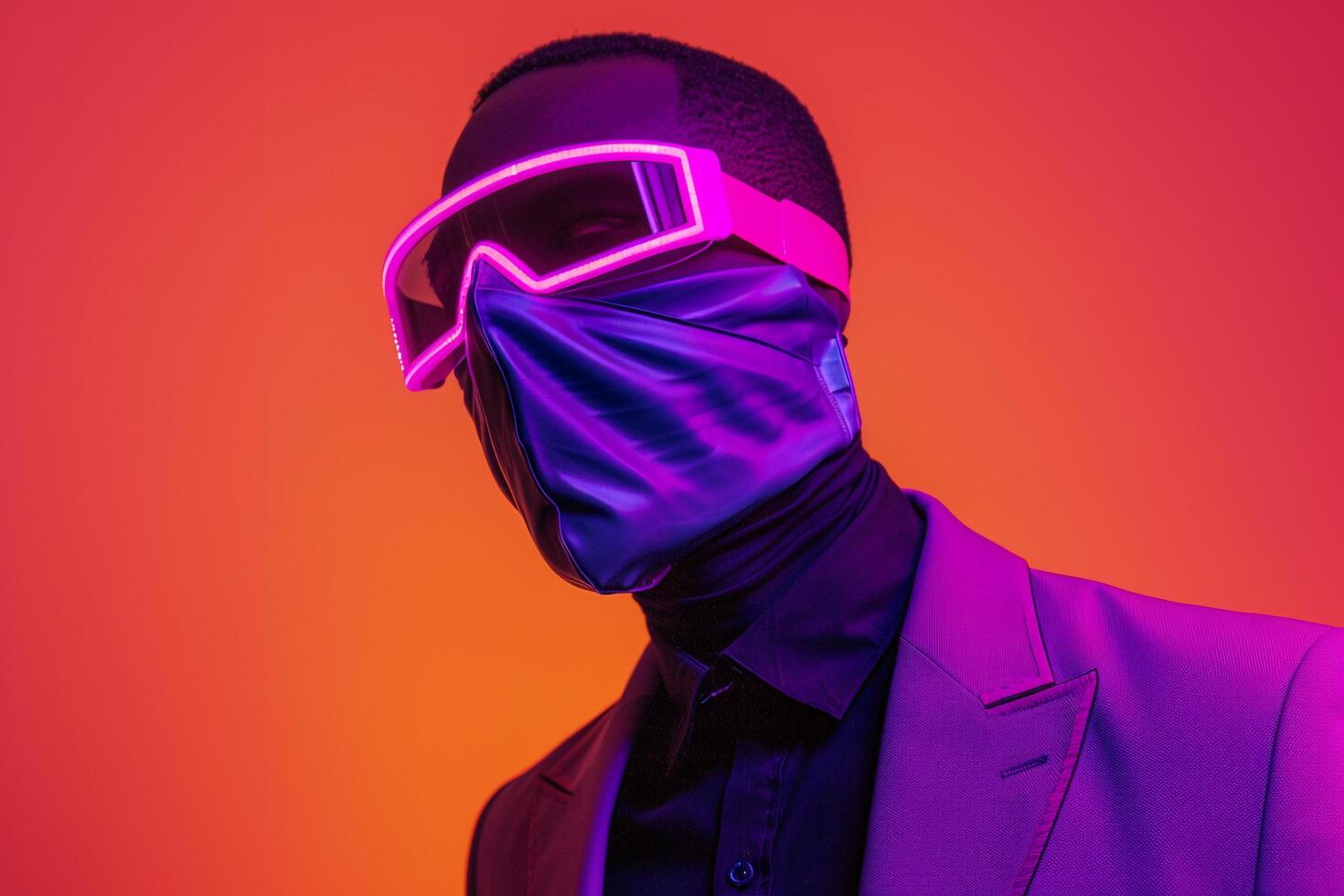 Classic Blazer for Male with Neon purple Ski Mask and Neon Coral Fashion portrait and Lifestyle Background photo