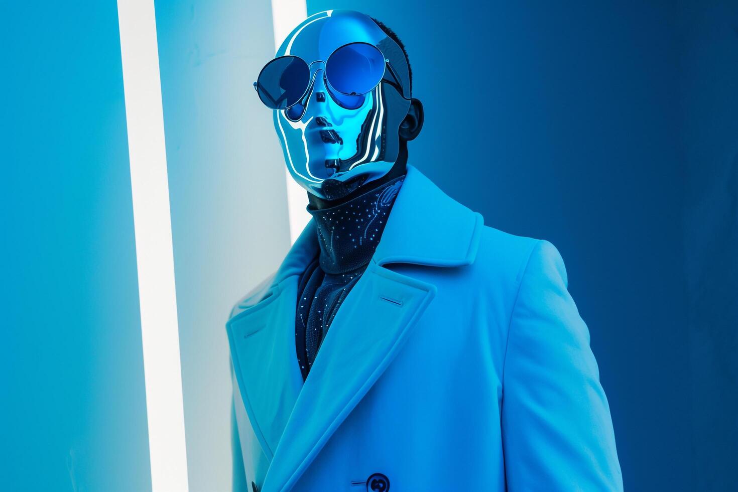 Modern Male Fashion Model in Casual Overcoat with Males Fashion Face Mask and Neon Blue Lifestyle Background Fresh and Stylish photo