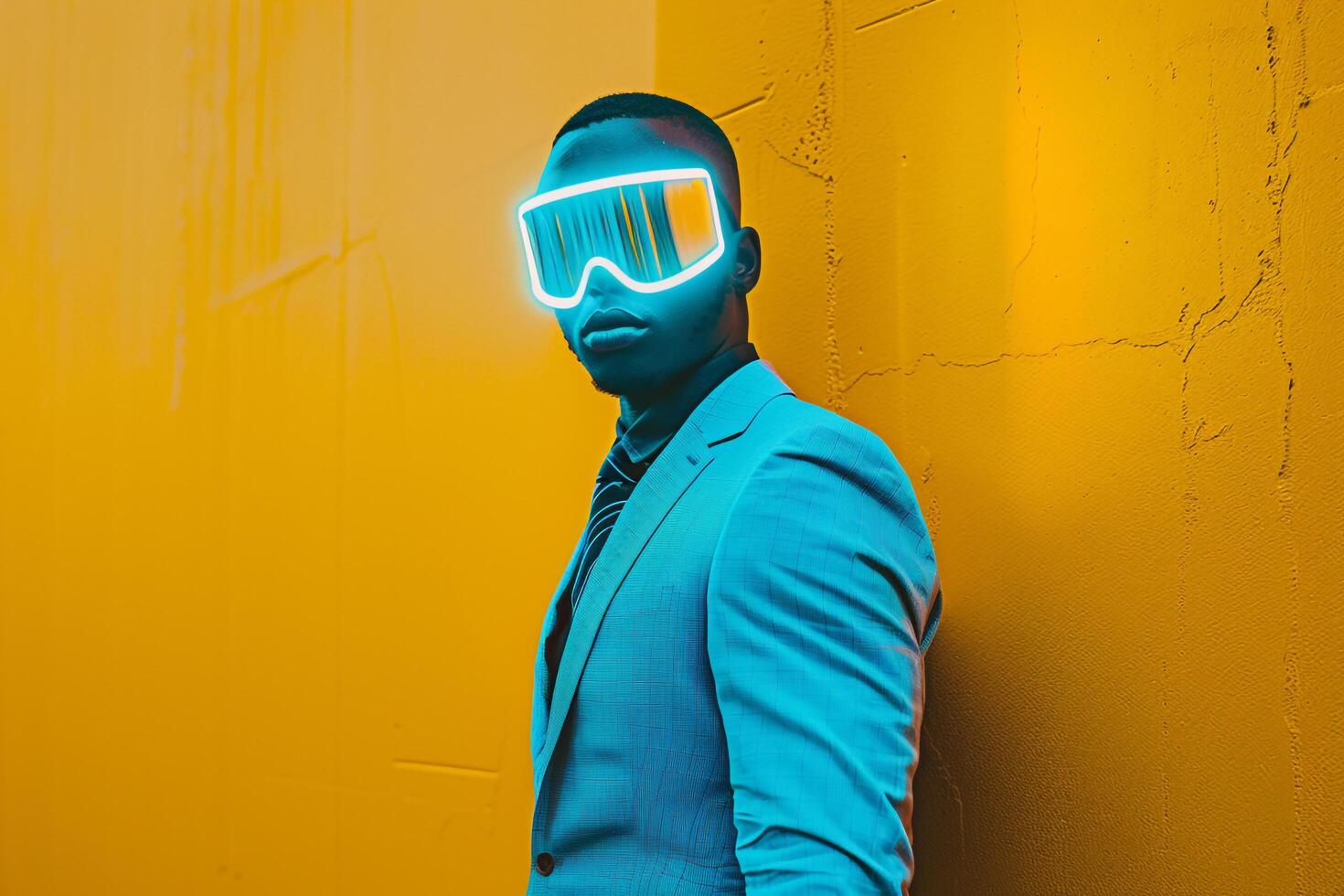 Fashionable Male Model in Tailored Suit with Neon Aqua Ski Mask and Neon Yellow Lifestyle Background elegant and Unique photo