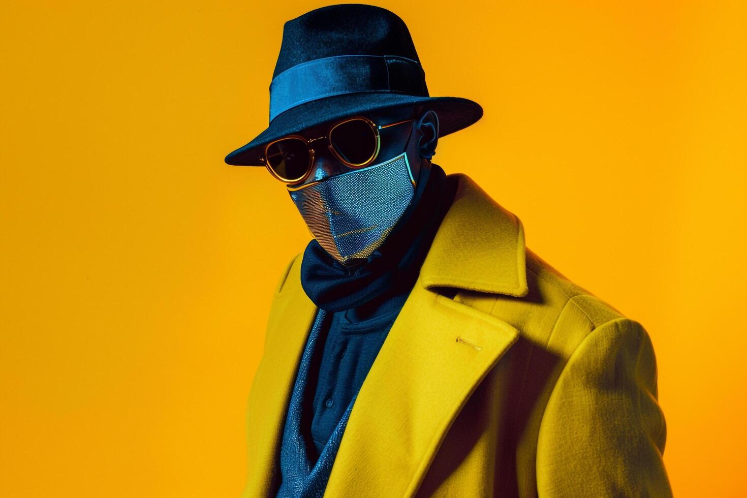 Modern Male Fashion Model in Trendy Overcoat with Males Fashion Face Mask and Neon Yellow Lifestyle Background Bold and Stylish photo