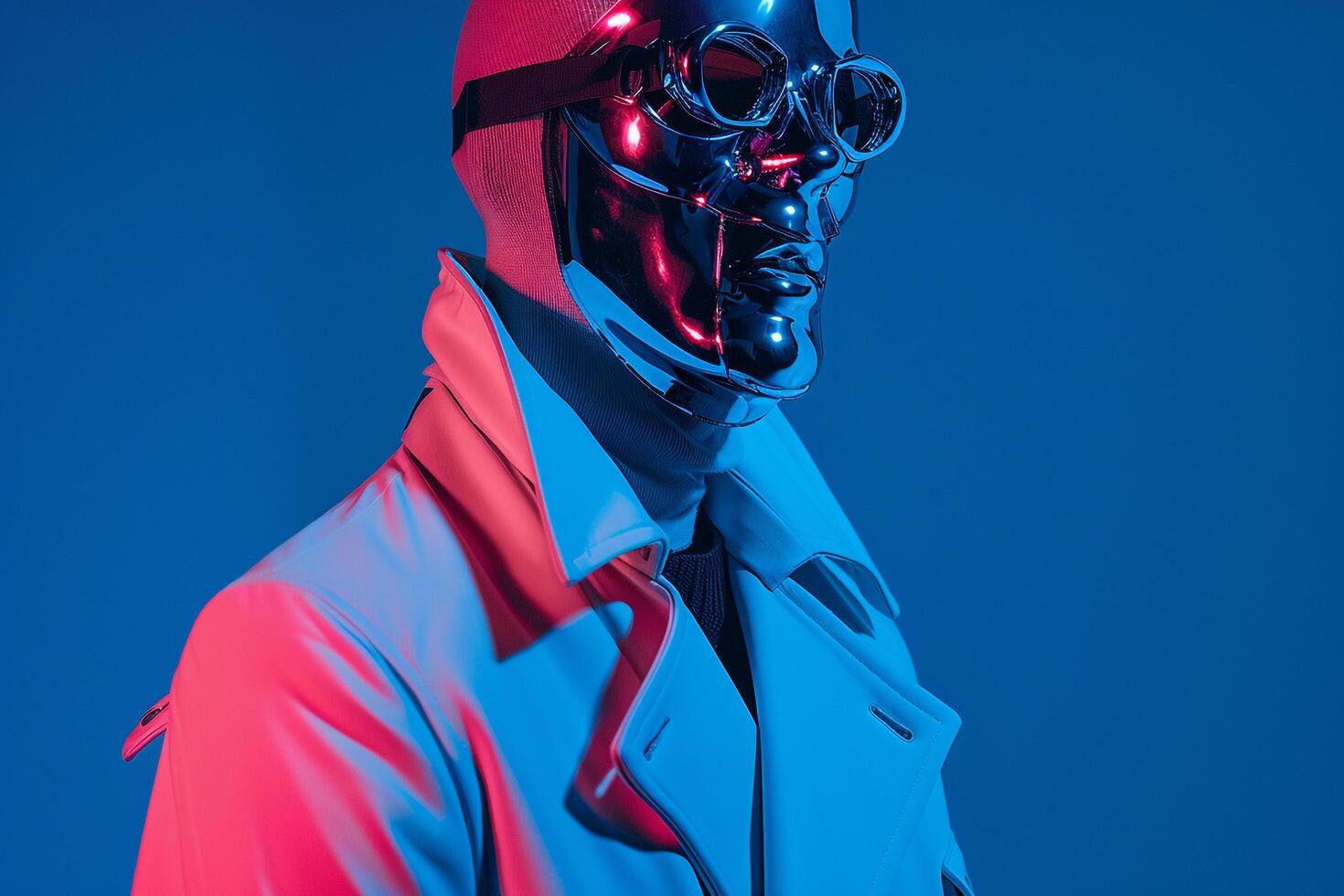Trendsetting Male Fashion Model in Casual Overcoat with Males Fashion Face Mask and Neon Blue Lifestyle Background Chic and Unique photo