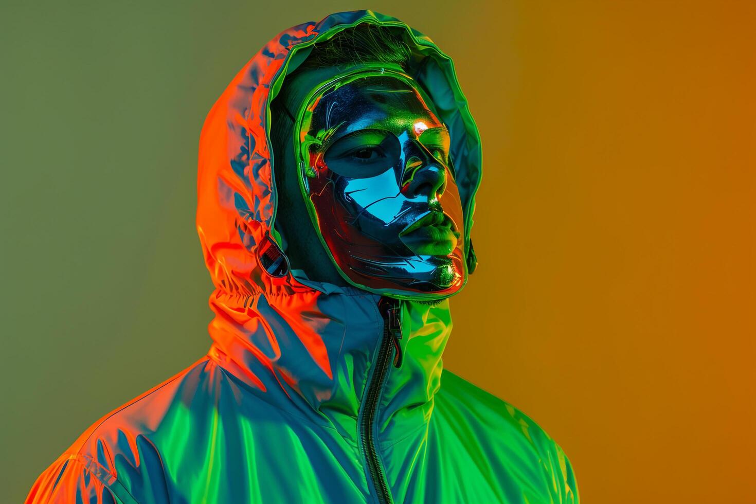 Fashionable Male Model in Trendy Jacket with Males Fashion Face Mask and Neon Green Lifestyle Background Modern and Stylish Look photo