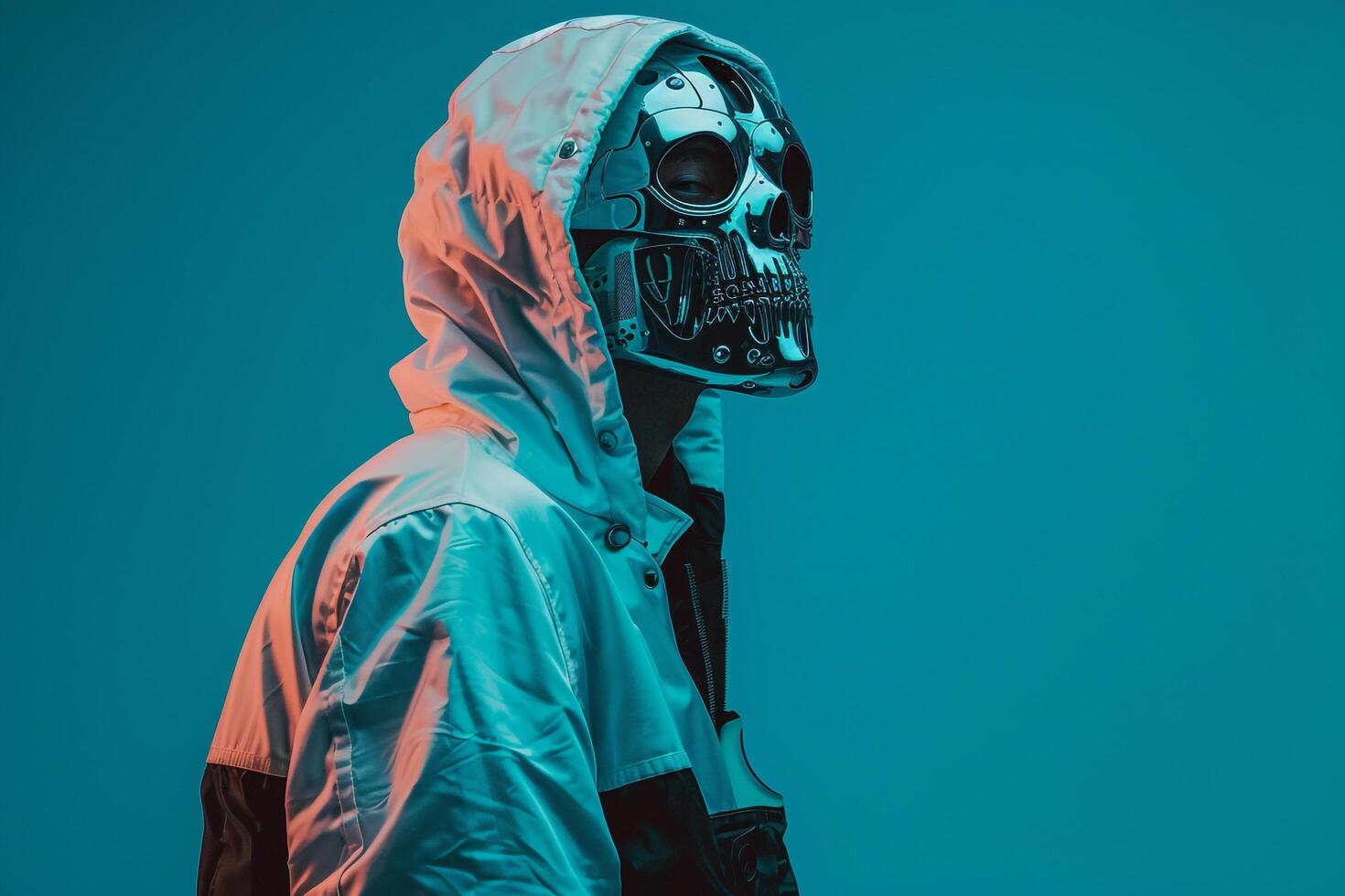 Fashionable Male Fashion Model in Casual Jacket with Males Fashion Face Mask and Neon Aqua Lifestyle Background Contemporary and Stylish photo