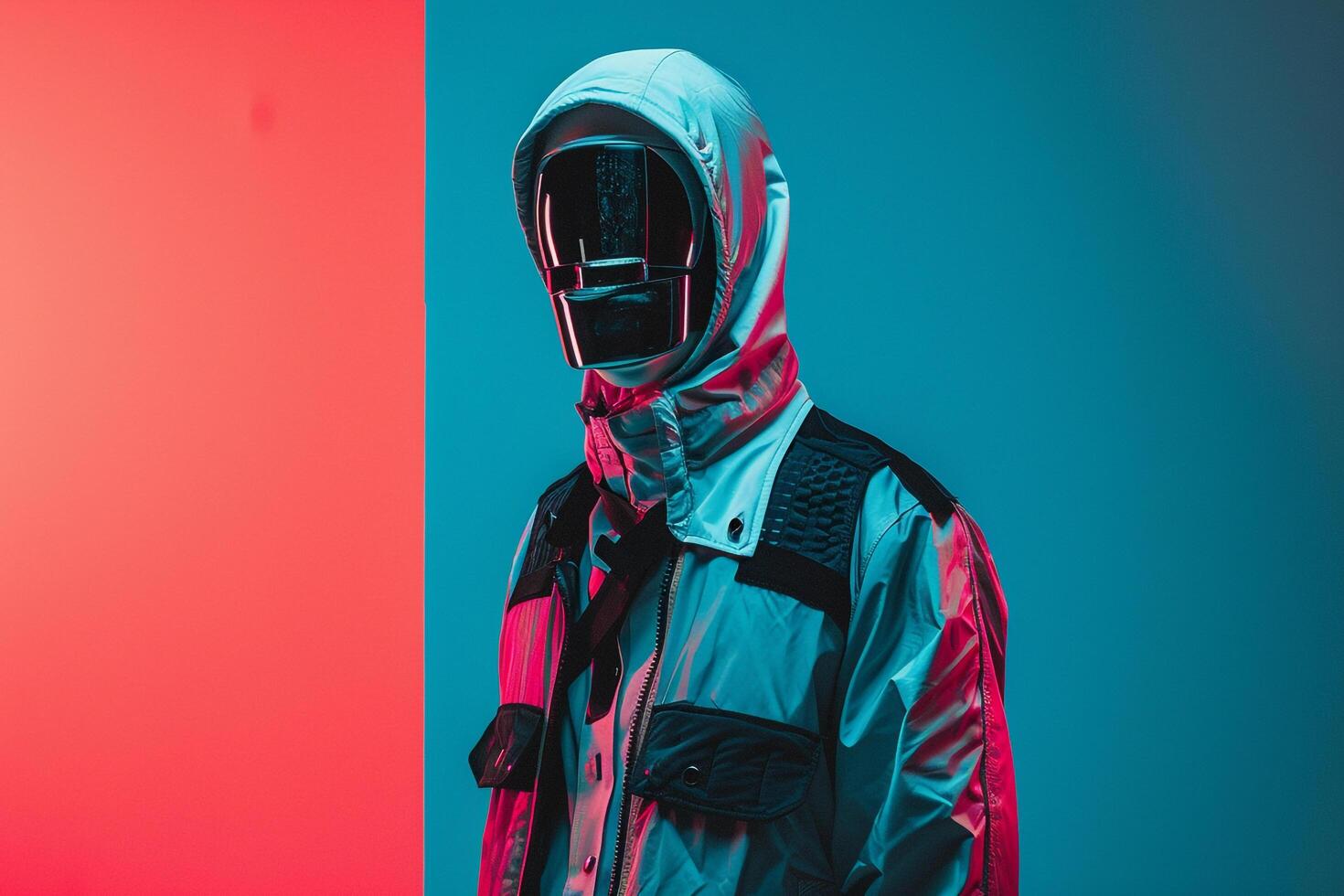 Trendy Male Fashion Model in Casual Jacket with Males Fashion Face Mask and Neon Aqua Lifestyle Background Bold and Unique photo