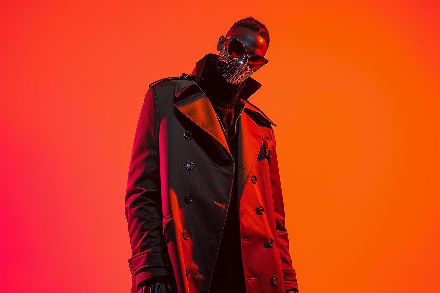 Stylish Casual Overcoat with Face Mask Neon Orange Lifestyle Background perfect for Modern Male Fashion portraits and Trendy Looks photo