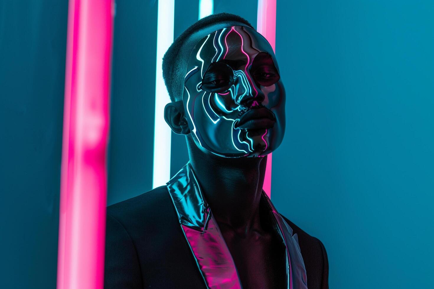 Trendy Casual Suit for Male with Face Mask Neon Aqua Lifestyle Background Ideal for Fashionable portraits and Contemporary Style photo