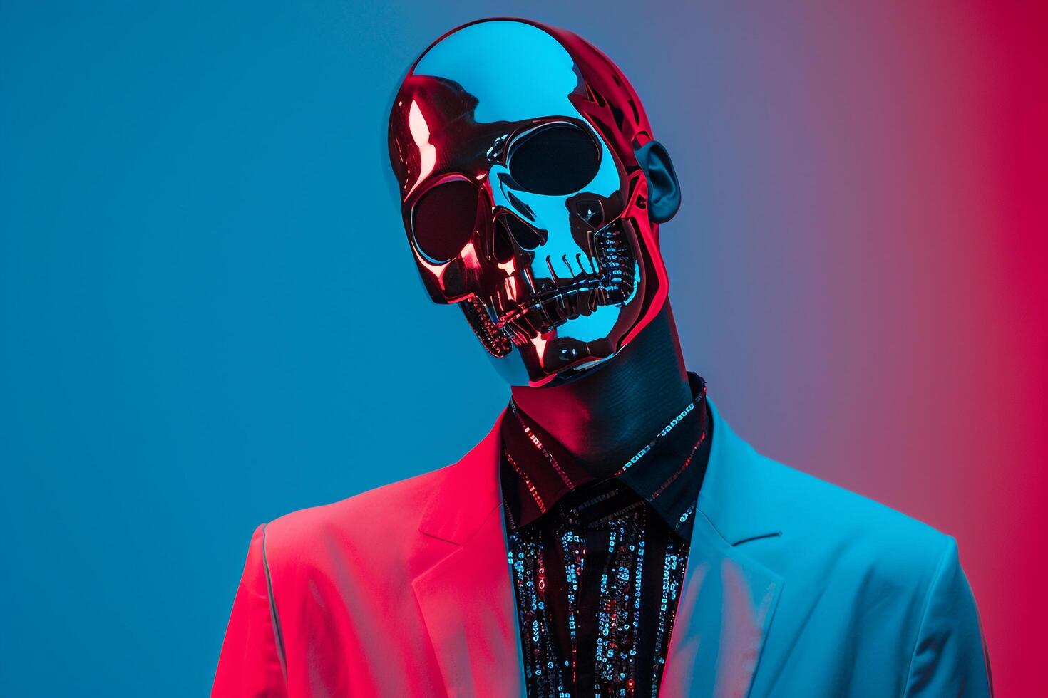 Trendy Male Blazer with Face Mask Neon Blue Lifestyle Background Ideal for Modern Fashion portraits and Stylish Urban Looks photo