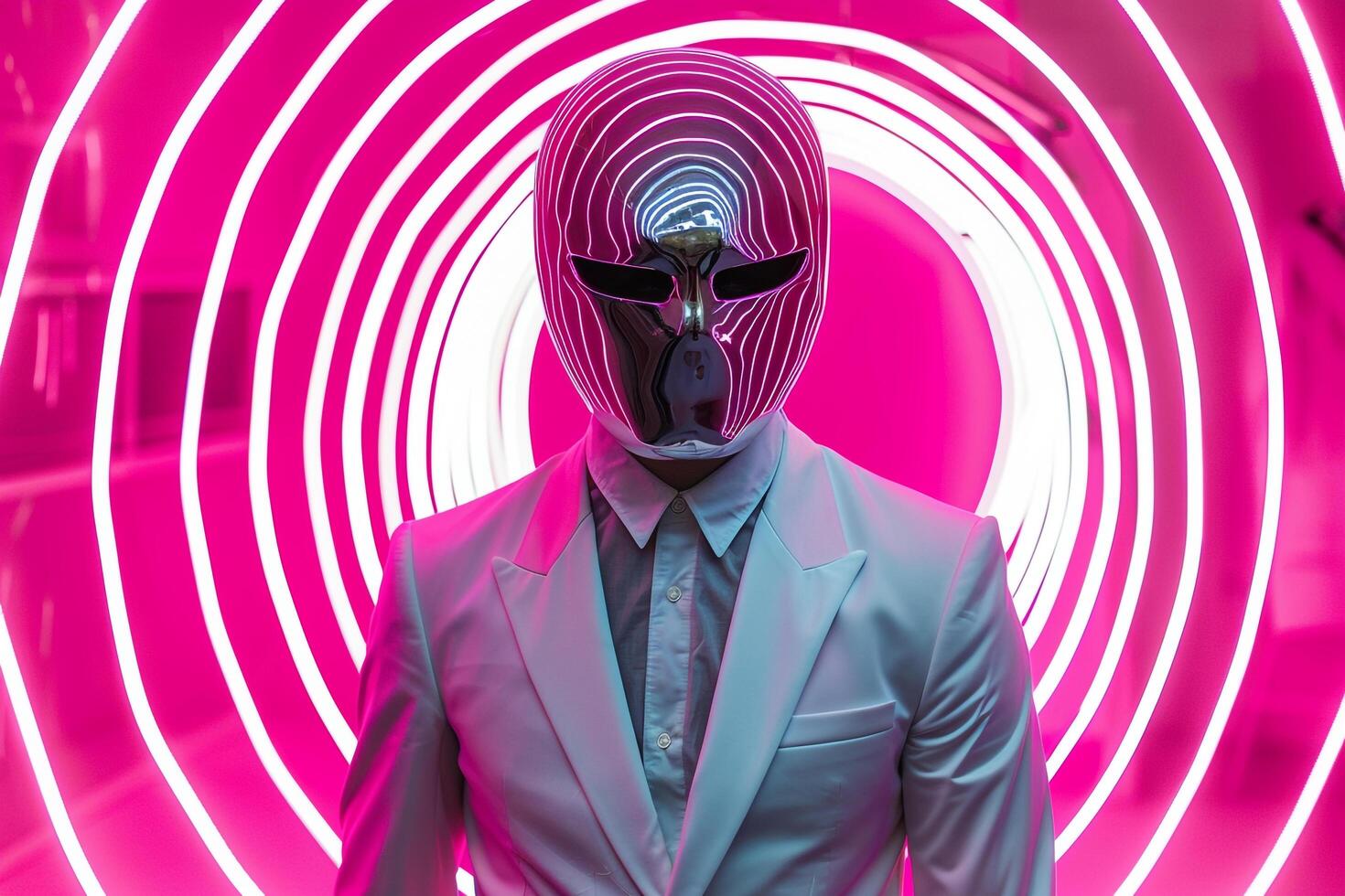 Chic Casual Suit with Face Mask Neon pink Lifestyle Background Ideal for Stylish portraits and Contemporary Urban Fashion photo