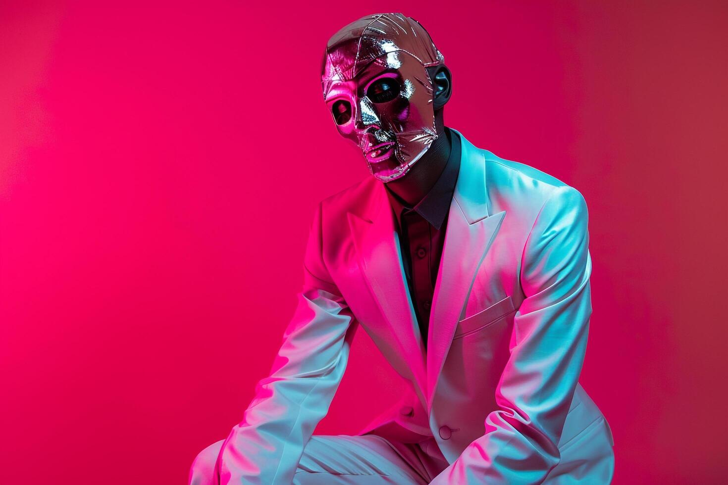 Stylish Casual Suit with Face Mask Neon pink Lifestyle Background Ideal for Contemporary Fashion portraits and Trendy Urban Looks photo