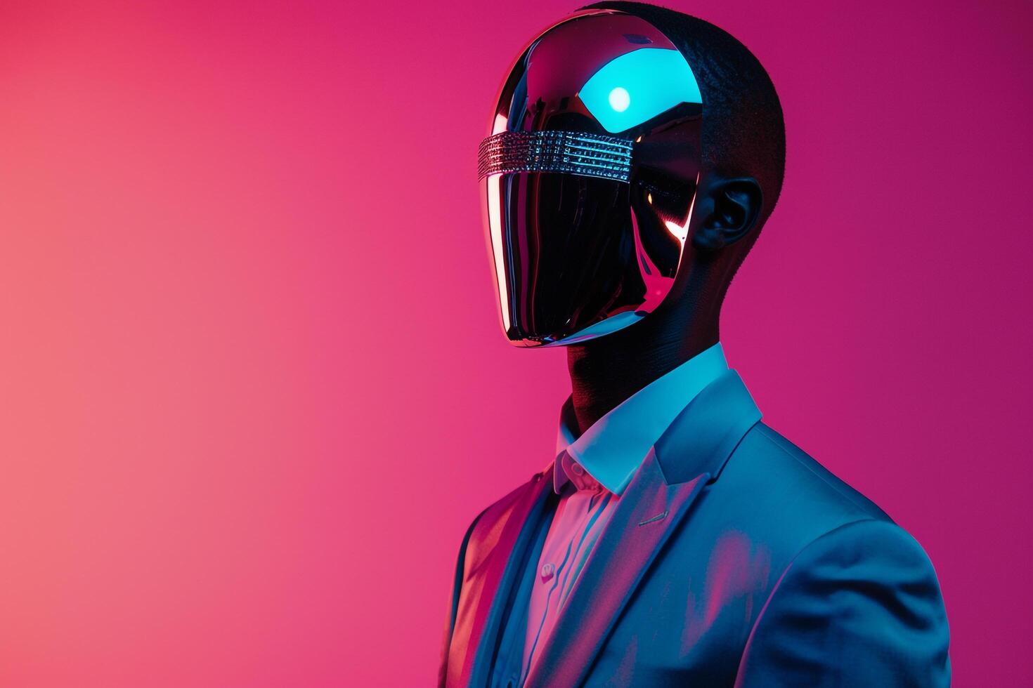 Trendy Casual Suit for Male with Face Mask Neon Aqua Lifestyle Background Ideal for Modern Fashion portraits and Stylish Urban Looks photo