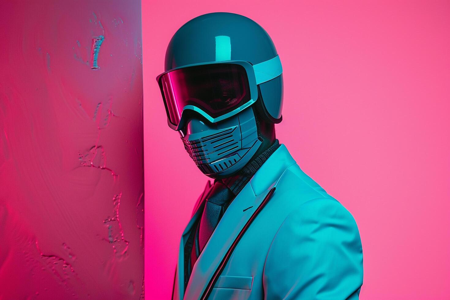 Trendy Casual Suit with Neon Teal Ski Mask and Neon Coral Lifestyle Background Male Fashion Model in Modern Fashion Setting photo