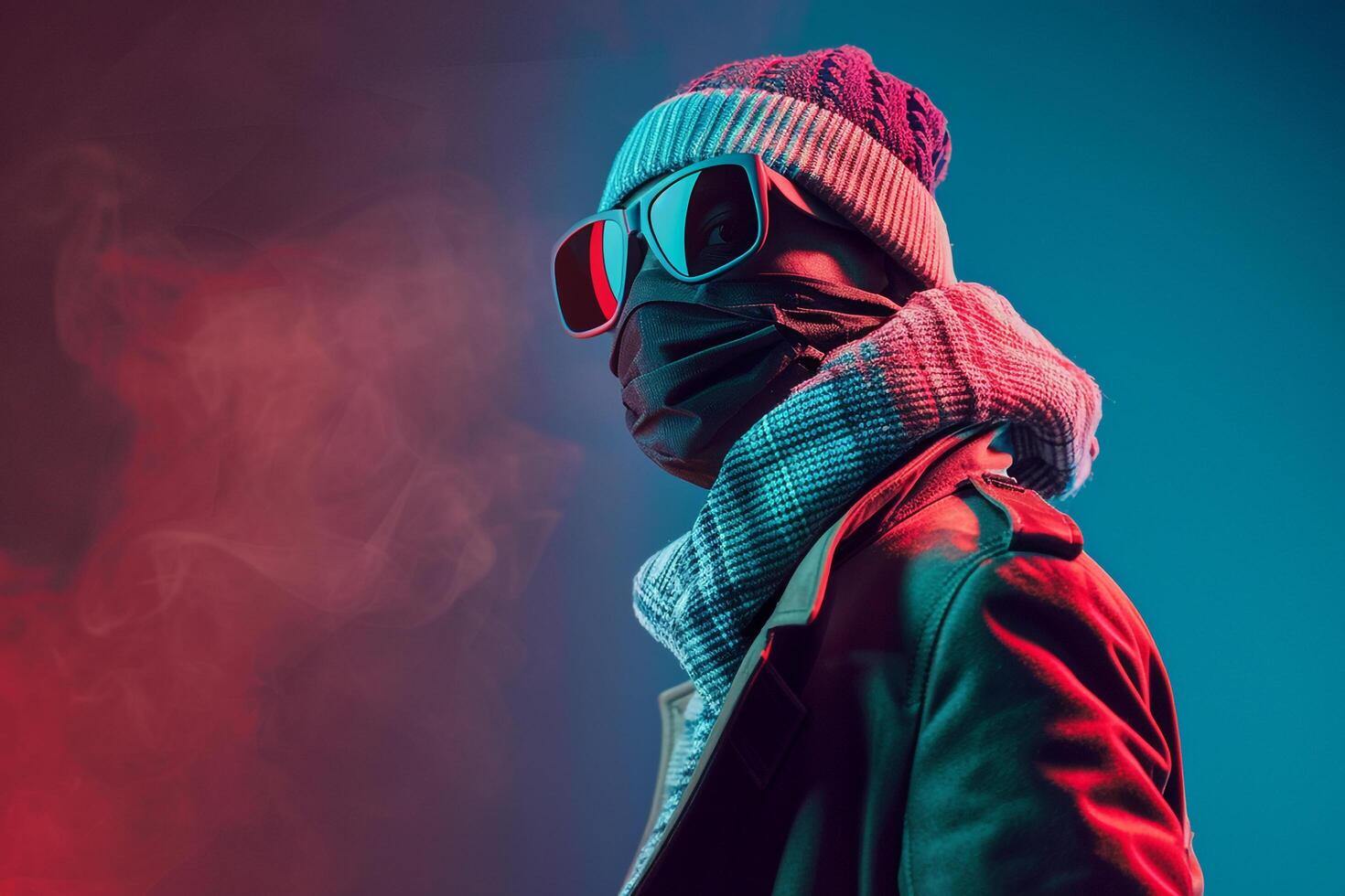 Trendy Overcoat with Neon Teal Ski Mask and Neon Coral Lifestyle Background Male Fashion Model in Chic Outfit Modern portrait photo
