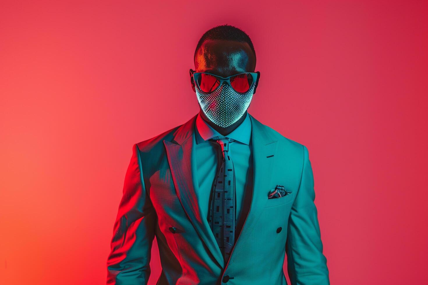 Casual Suit with Neon Teal Sneaker Mask and Neon Coral Lifestyle Background Male Fashion Model in Stylish Outfit Modern portrait photo