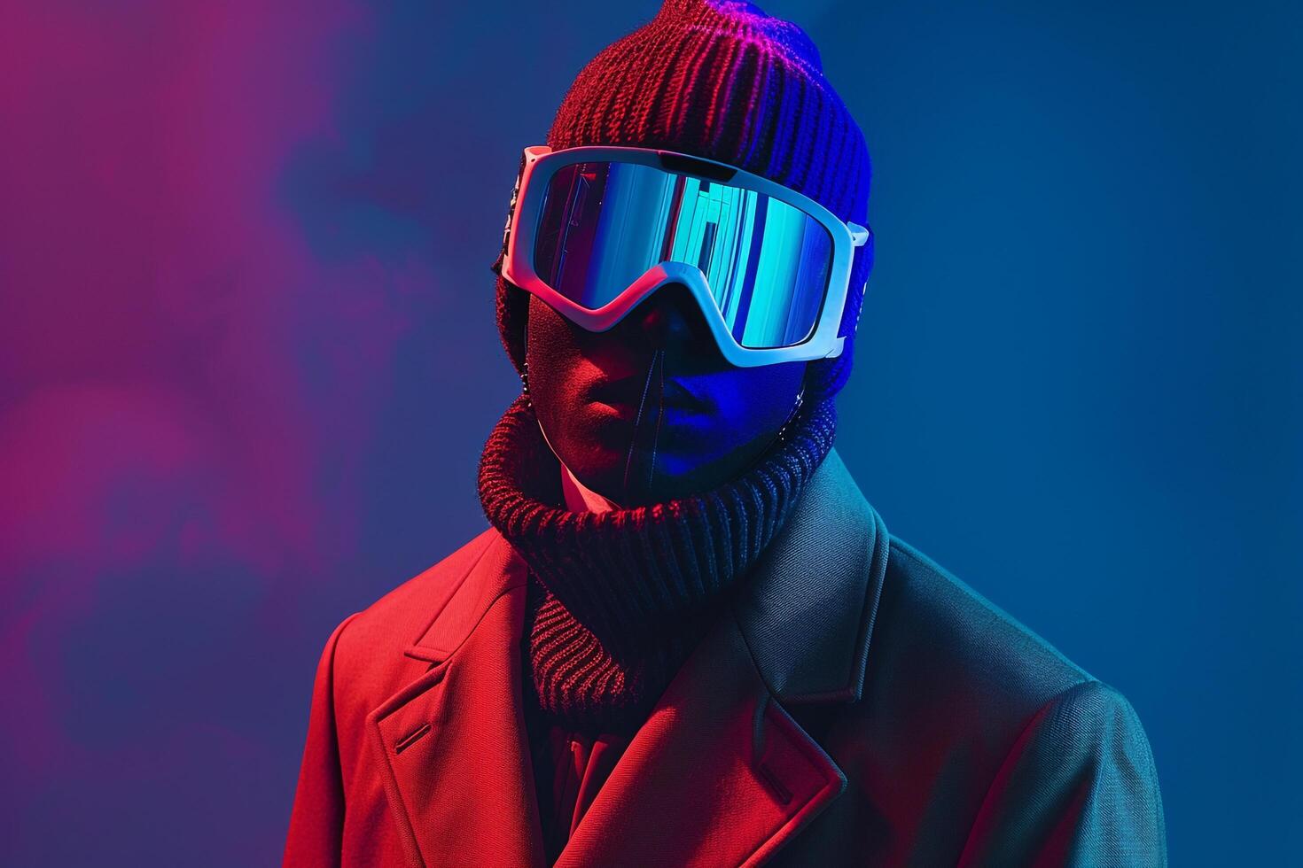 Tailored Blazer with Neon Aqua Ski Mask and Neon Blue Lifestyle Background Male Fashion Model in Stylish Outfit Modern portrait photo