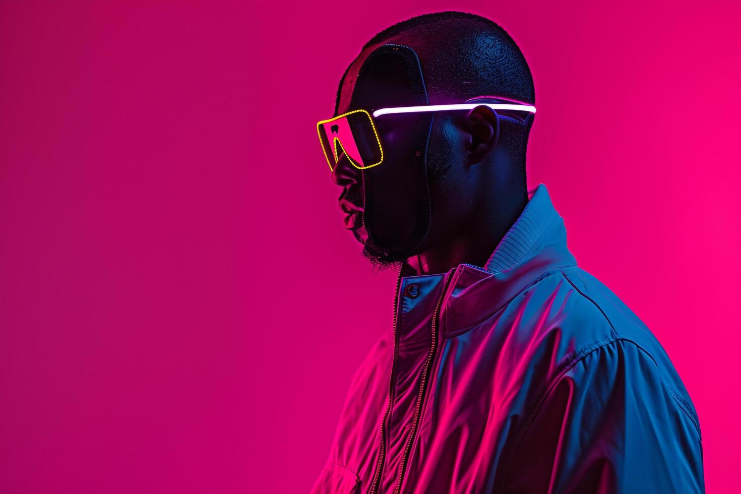 Trendy Jacket with Neon Black Sneaker Mask and Neon pink Lifestyle Background Male Fashion Model in Chic Outfit Modern portrait photo