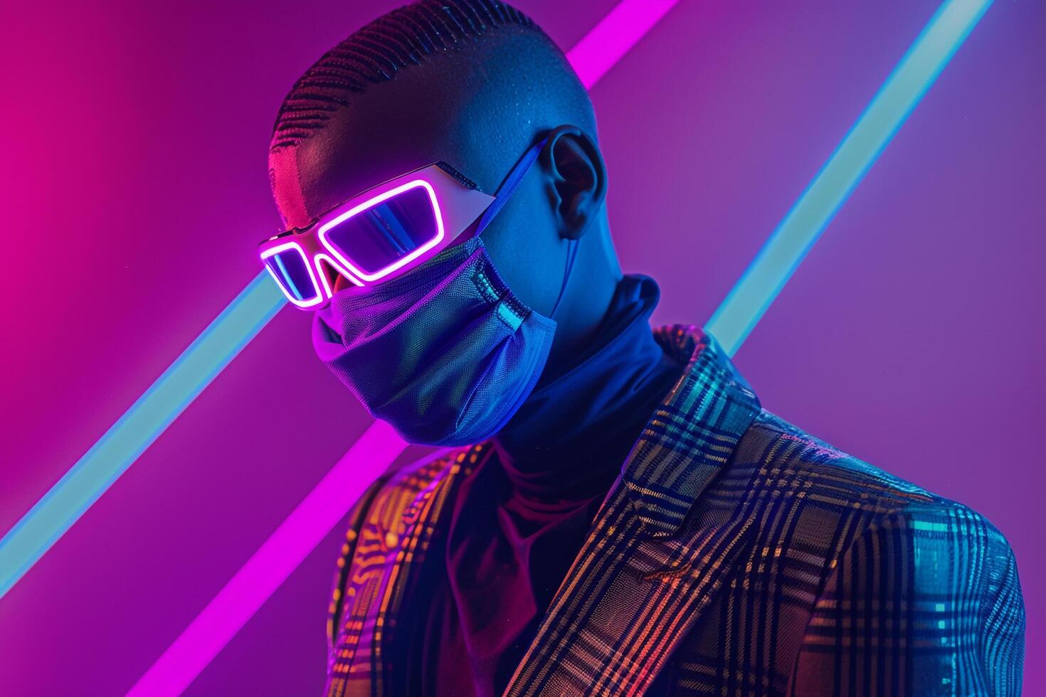 Blazer with Neon purple Ski Mask Against Neon Blue Lifestyle Background Male Fashion Model in Stylish Outfit Modern portrait photo