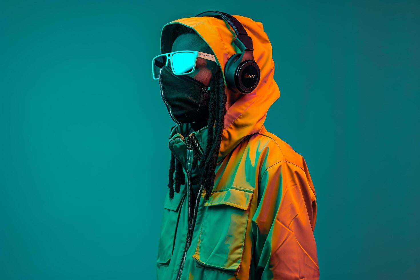 Male Fashion Model in Trendy Jacket with Neon Teal Sneaker Mask Against Neon Green Lifestyle Background Stylish Outfit photo