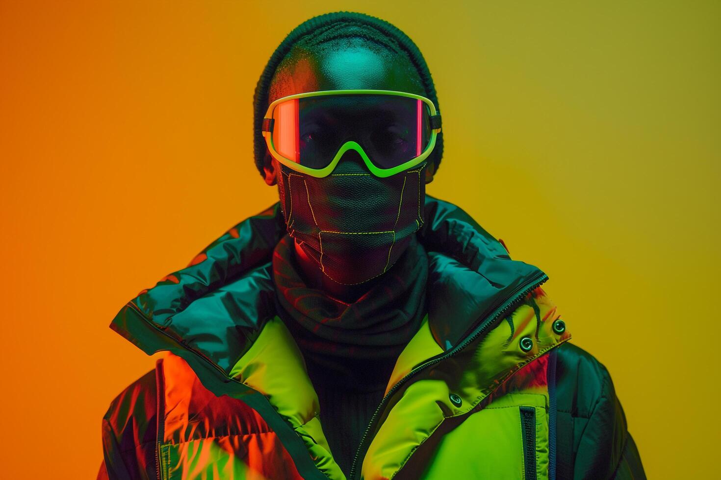 Stylish portrait of a Male Fashion Model in Vest with Neon Black Ski Mask Against Neon Green Lifestyle Background photo