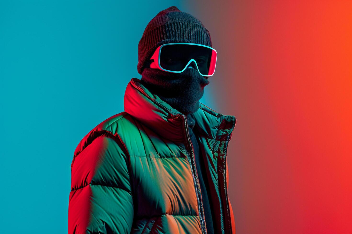 portrait of a Male Fashion Model in Vest with Neon Black Ski Mask Against Neon Green Lifestyle Background photo
