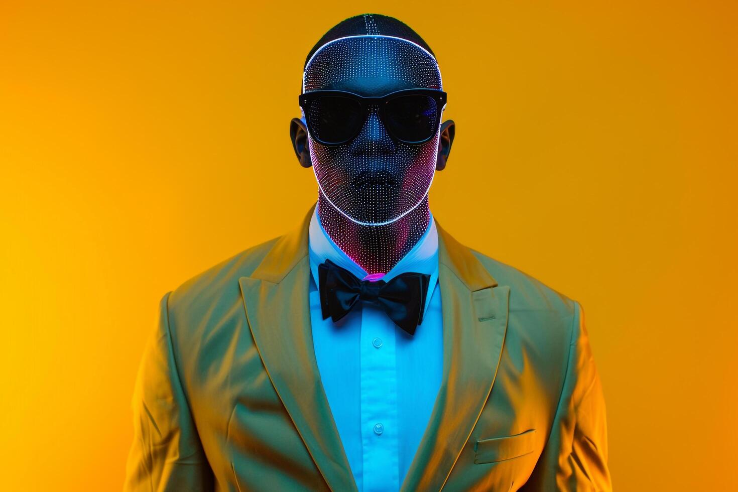 portrait of a Male Fashion Model in Casual Suit with Neon Black Sneaker Mask Against Neon Yellow Lifestyle Background photo