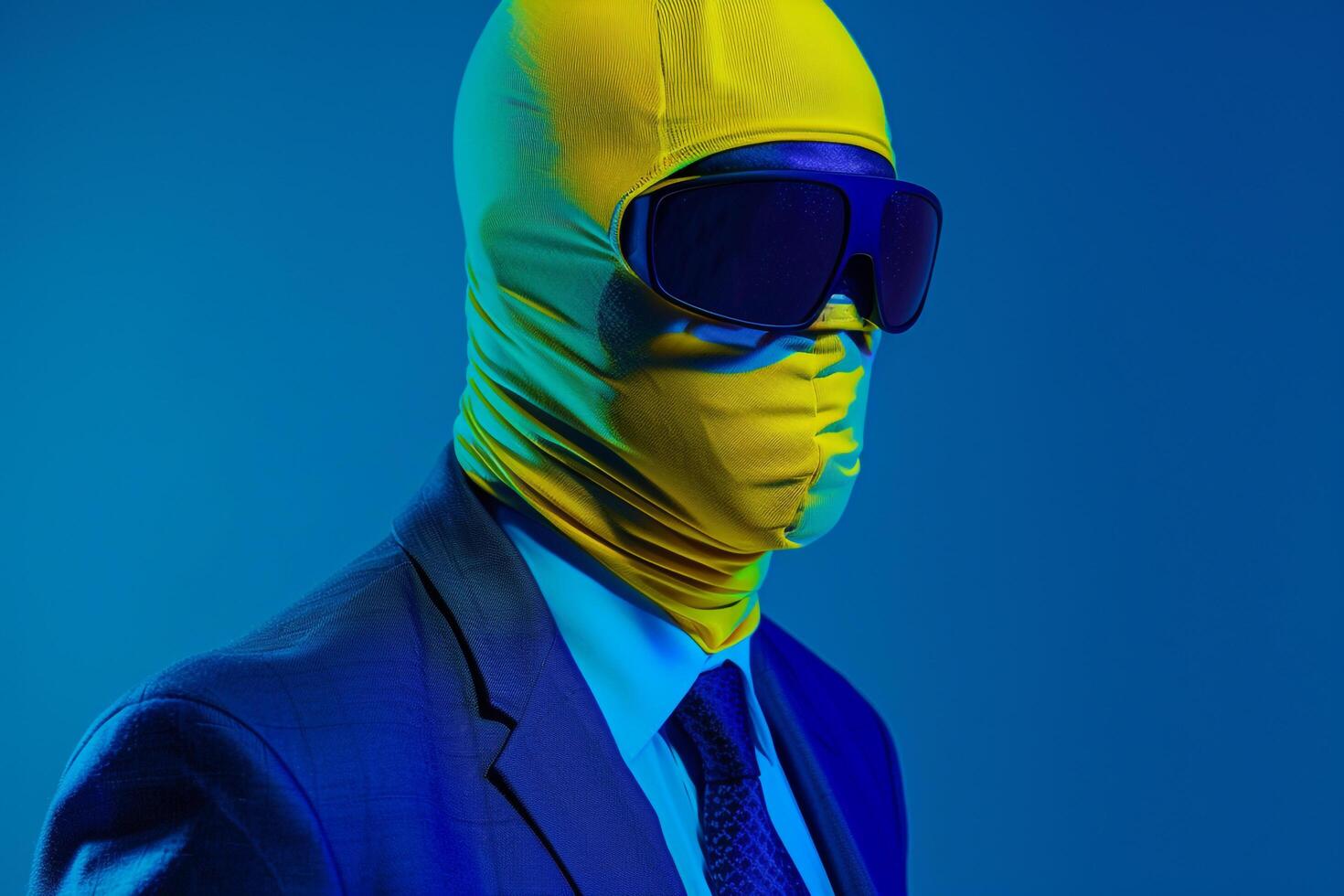 Stylish portrait of a Male Fashion Model in Casual Suit with Neon Yellow Ski Mask Against Neon Blue Lifestyle Background photo