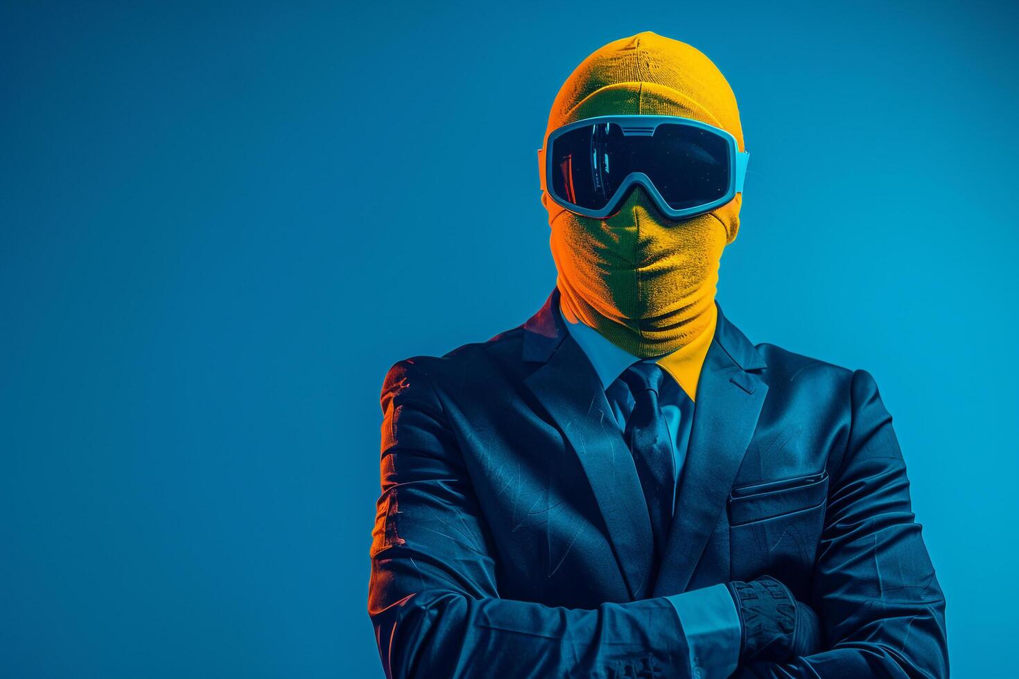 portrait of a Male Fashion Model in Casual Suit with Neon Yellow Ski Mask Against Neon Blue Lifestyle Background photo