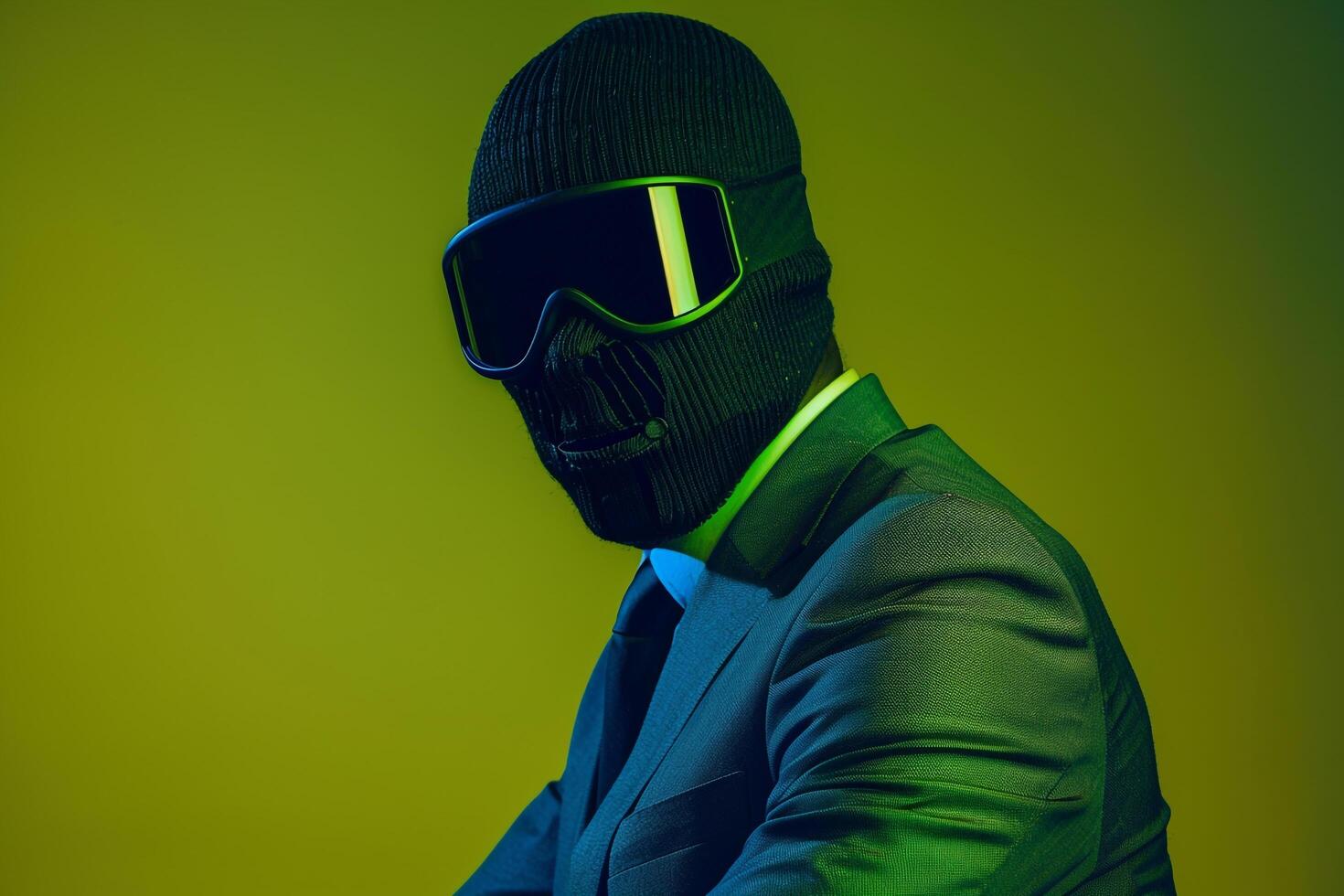 portrait of a Male Fashion Model in Males Suit with Neon Black Ski Mask and Neon Green Lifestyle Background photo