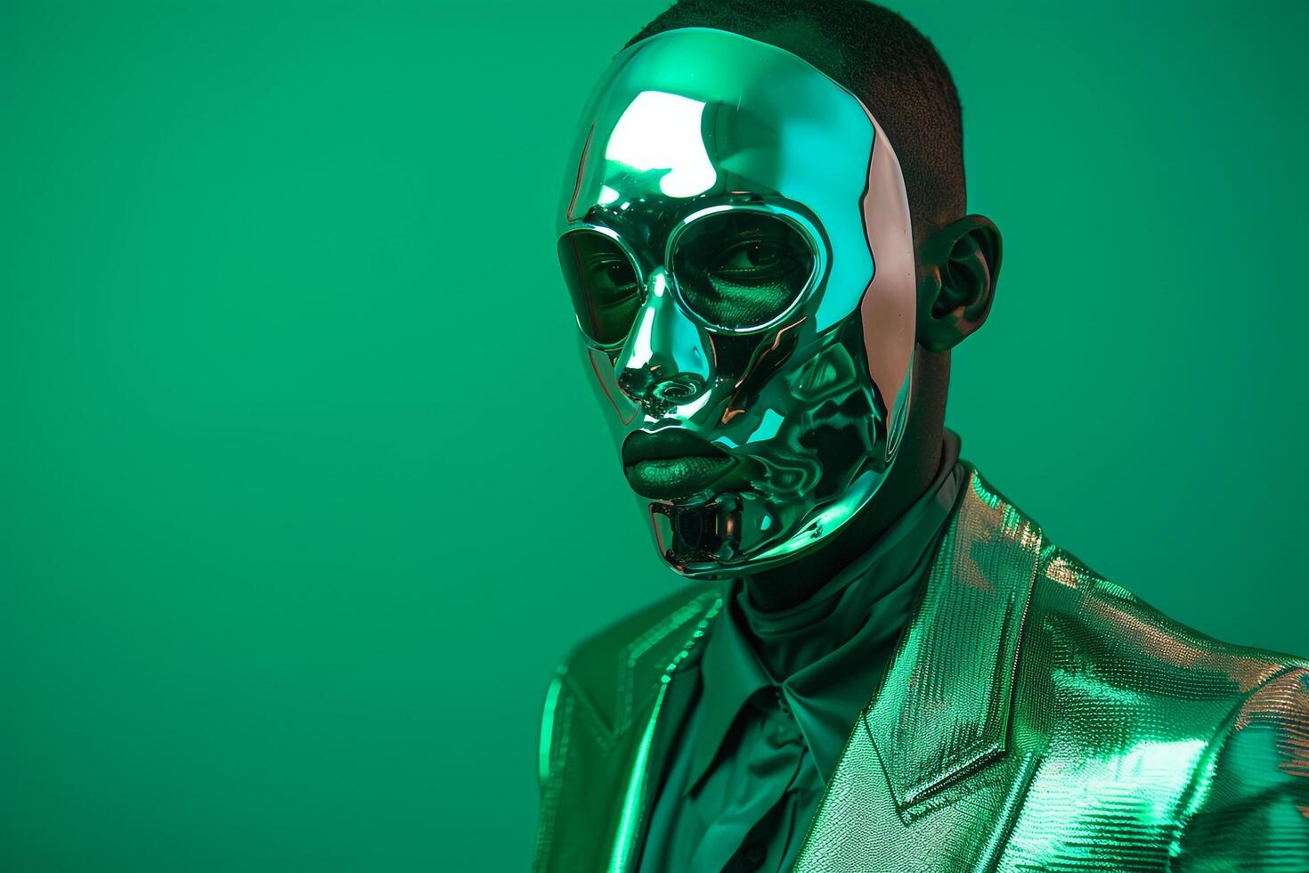 portrait of a Male Fashion Model in Casual Blazer with Males Fashion Face Mask and Neon Green Lifestyle Background photo