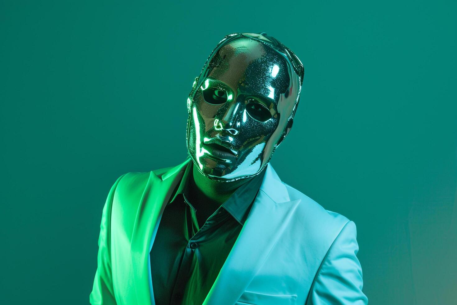 portrait of a Male Fashion Model in Casual Blazer with Males Fashion Face Mask and Neon Green Lifestyle Background photo
