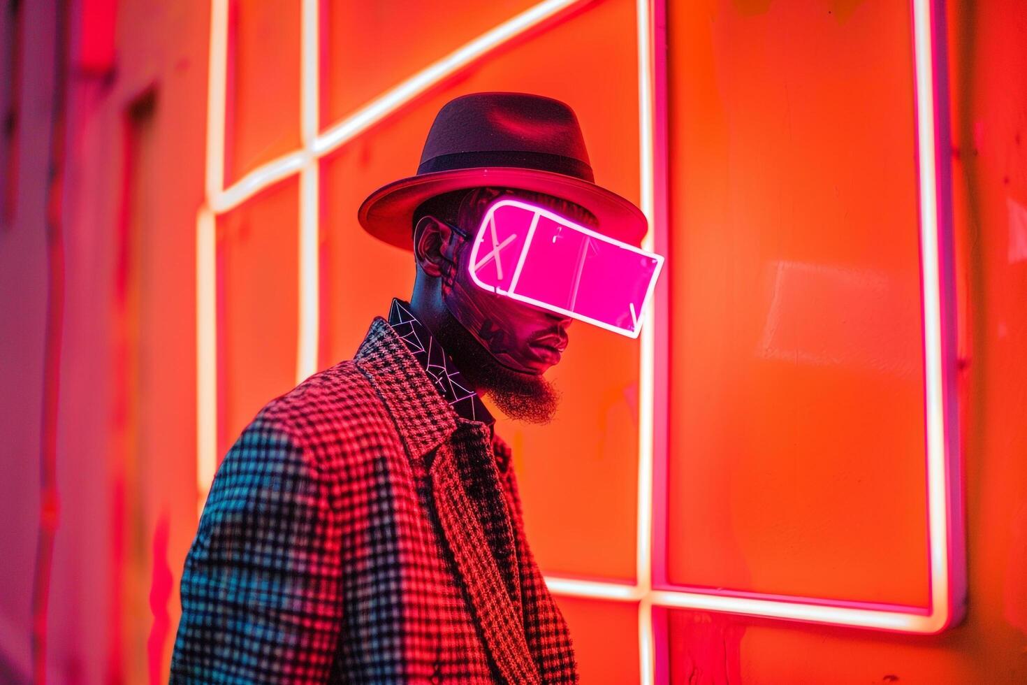 Trendy Overcoat with Neon pink Sneaker Mask Neon Coral Background Males Fashion portrait photo
