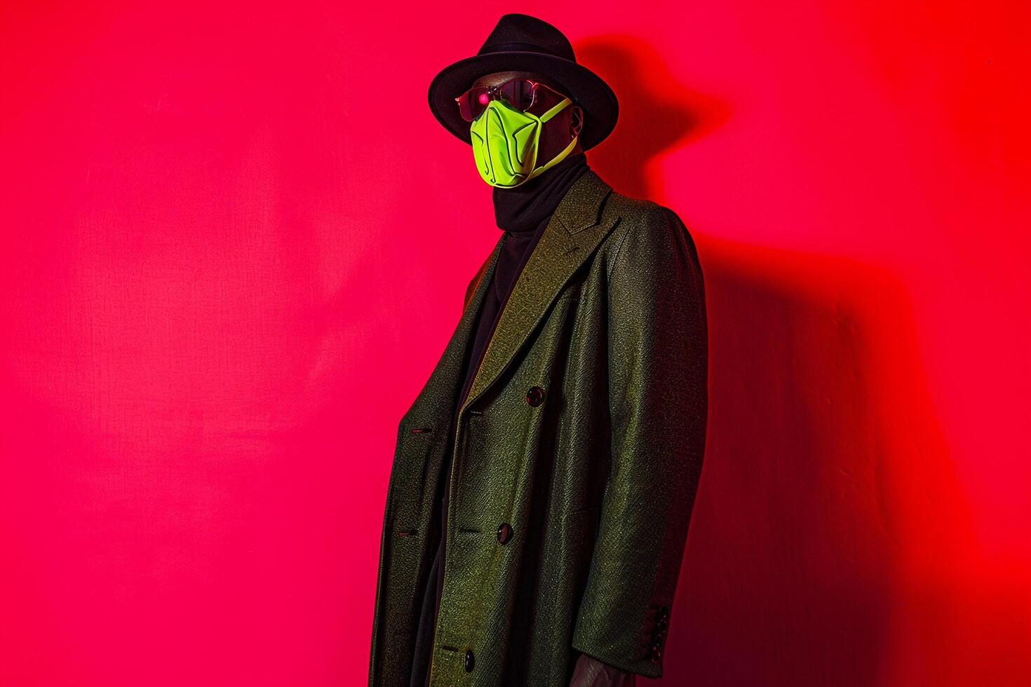 Casual Overcoat with Neon Green Sneaker Mask Males Fashion portrait with Neon pink Background photo