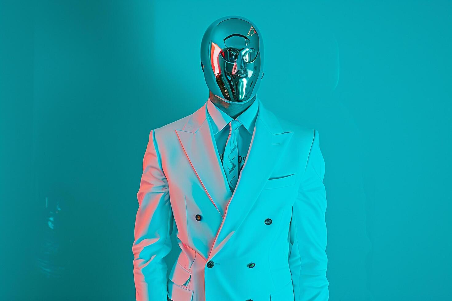 Casual Suit with Fashion Face Mask Males Fashion portrait with Neon Teal Background photo