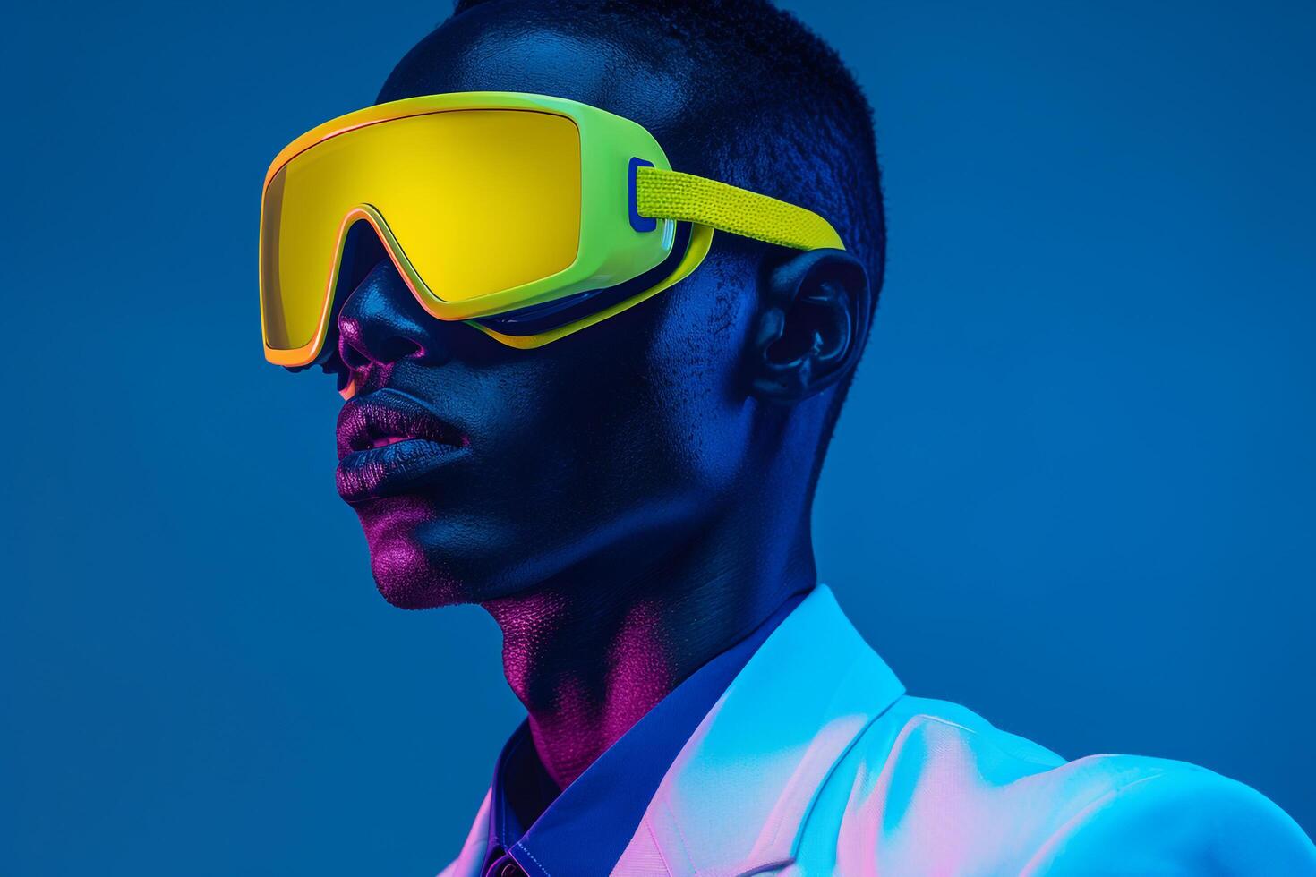 Casual Suit with Neon Yellow Ski Mask Males Fashion portrait with Neon Blue Background photo