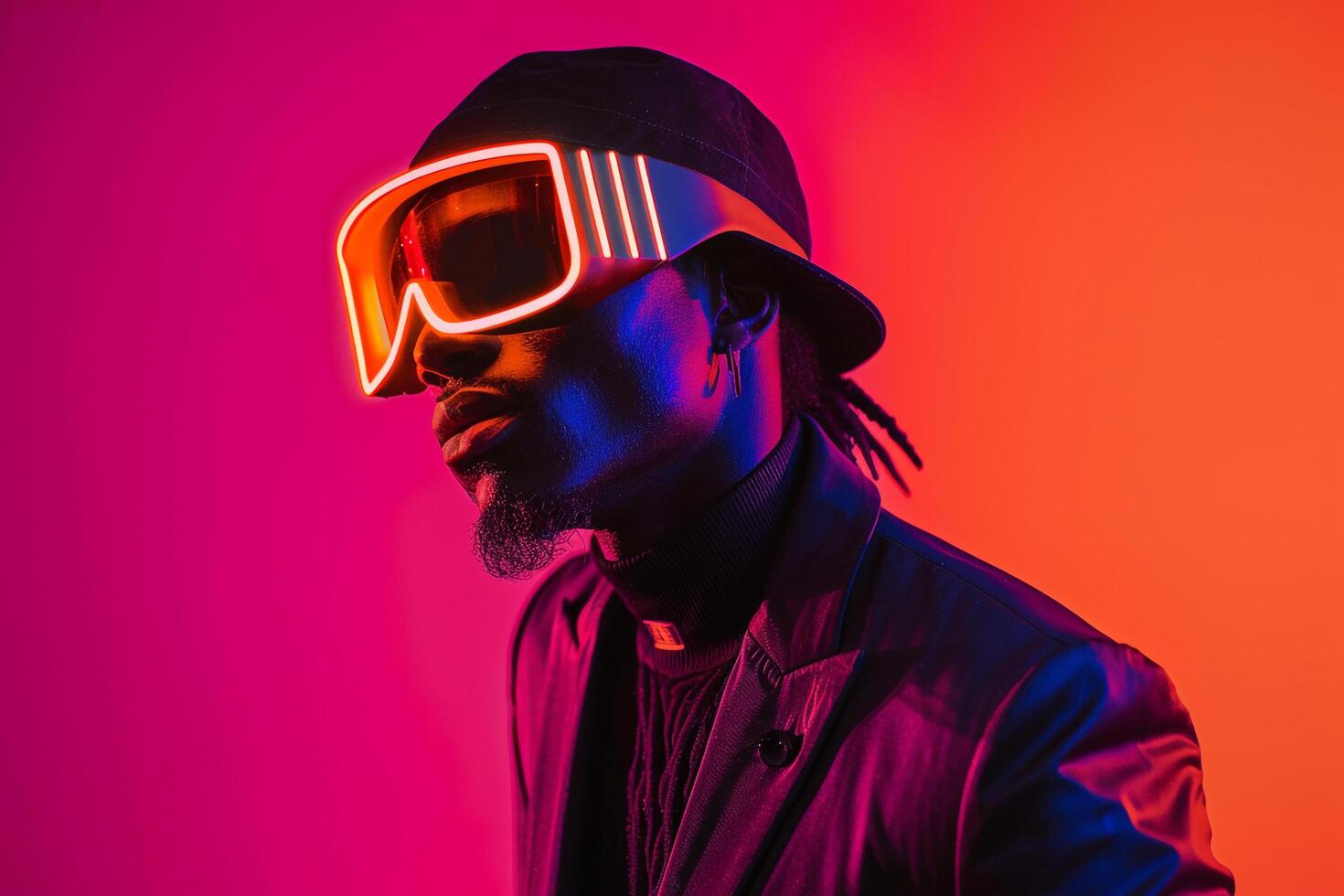 Casual Blazer featuring a Neon Orange Ski Mask and a Neon pink Lifestyle portrait Background providing a bold and fashionable appearance photo