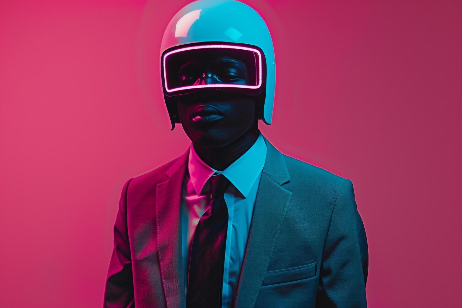 Classic Suit with a Neon Teal Ski Mask and a Neon pink Lifestyle portrait Background delivering a modern and sophisticated fashion stateMalet photo