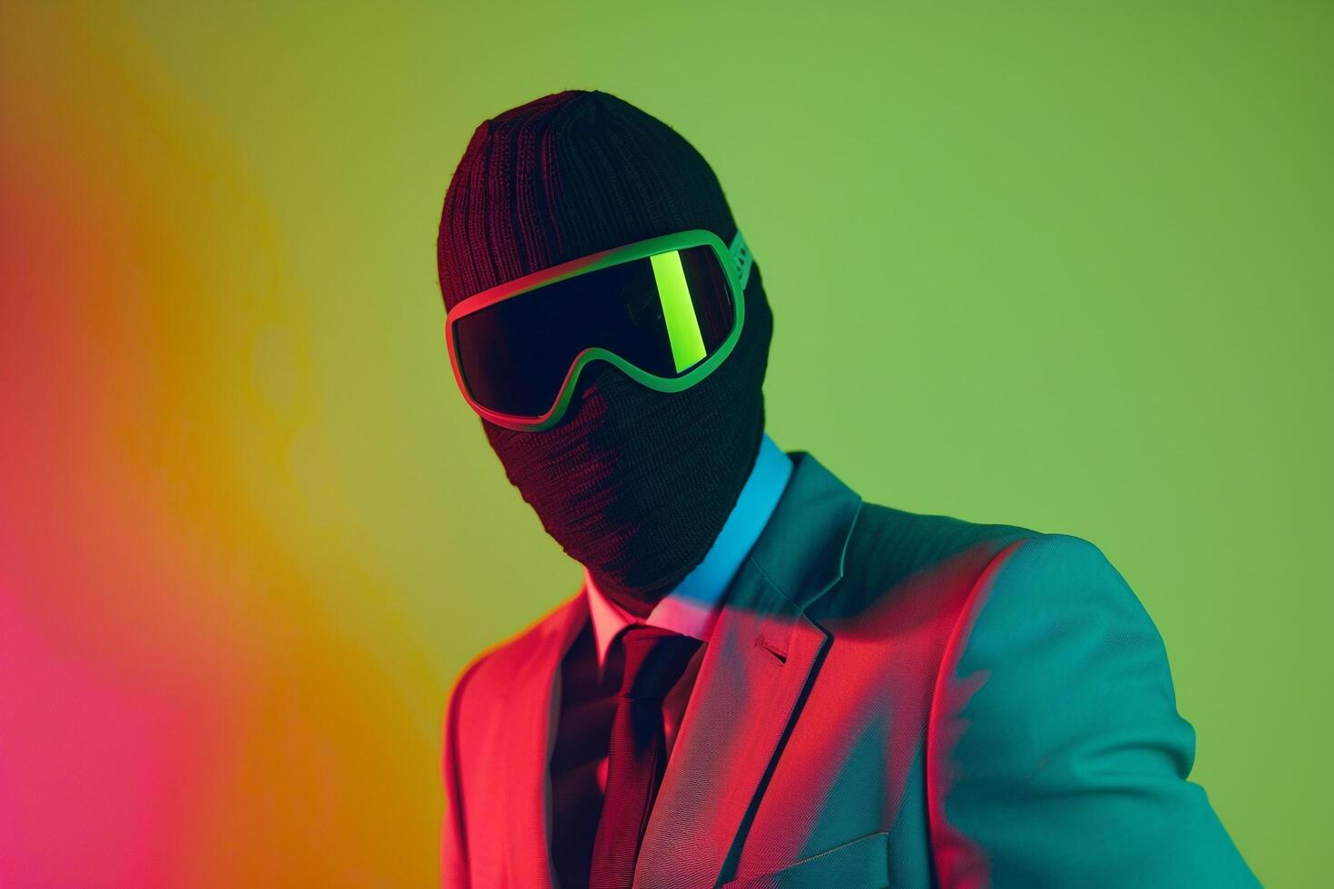 Suit featuring a Neon Black Ski Mask and a Neon Green Lifestyle portrait Background providing a fashionable and vibrant appearance photo