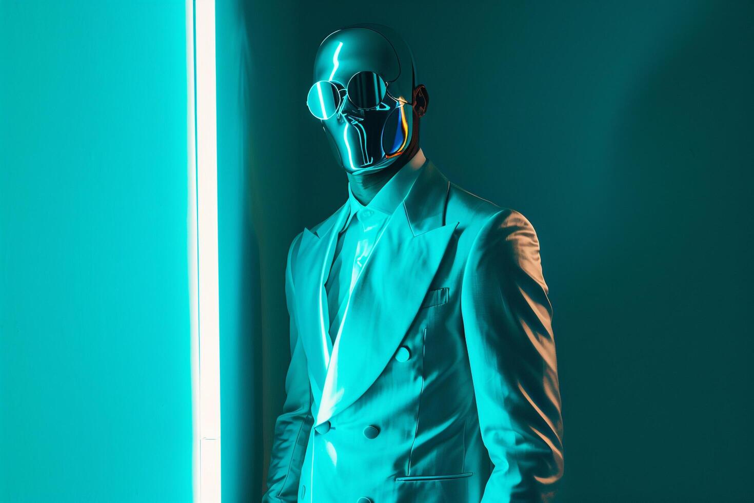 Casual Suit featuring a stylish Face Mask and a Neon Teal Lifestyle portrait Background merging contemporary design with vibrant color photo