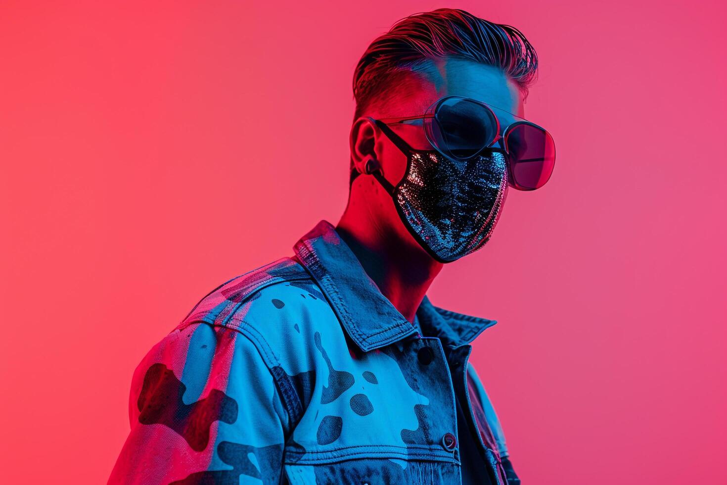 Trendy Jacket with Males Fashion Face Mask and Neon pink Lifestyle in this Male Fashion portrait Modern Males Outfit with Neon Accents and Bold Background photo