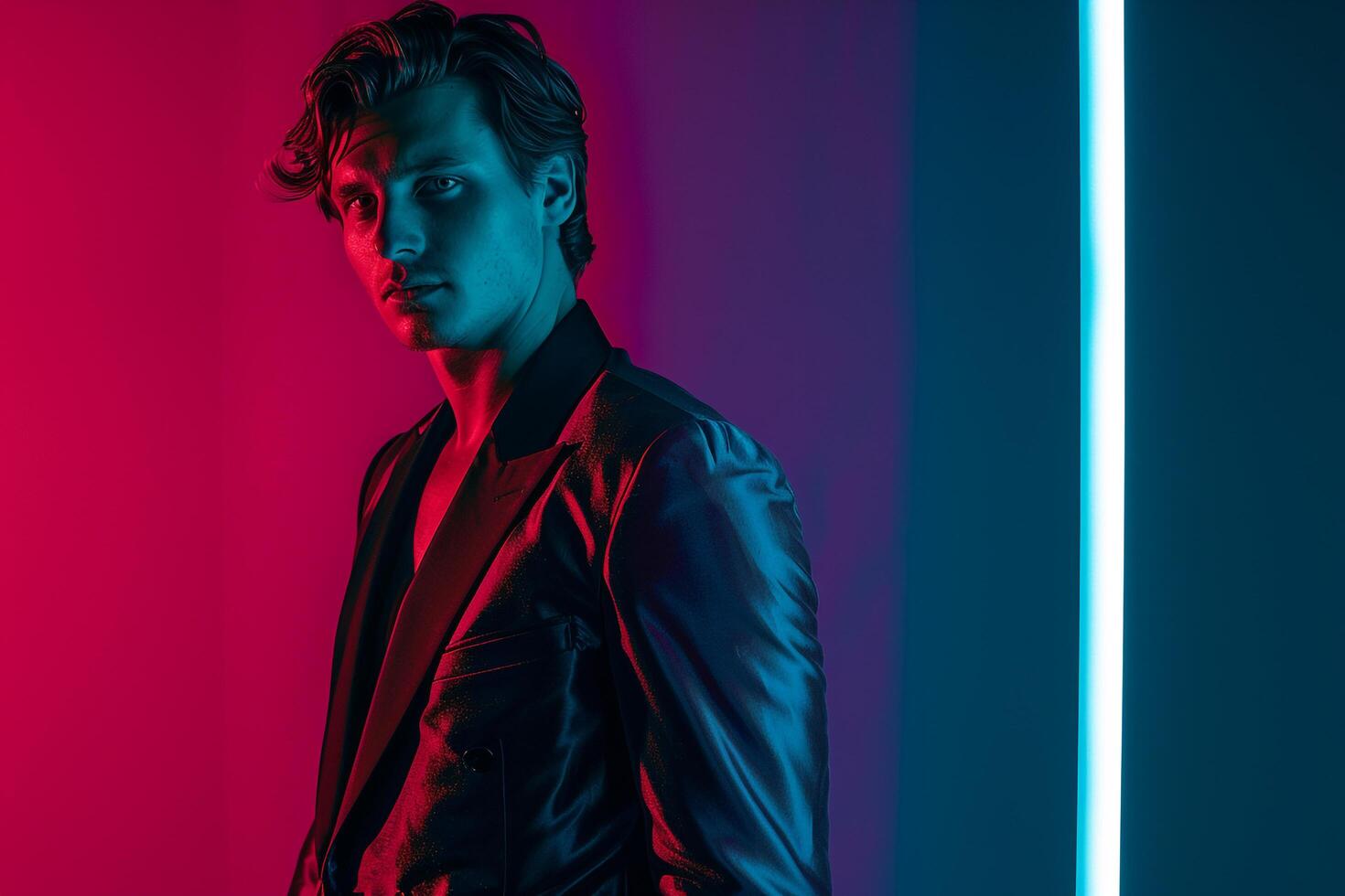 Casual Suit with Neon Aqua Lifestyle Male Fashion portrait with a vibrant Neon Aqua background compleMaleting the relaxed outfit Stylish and fresh photo