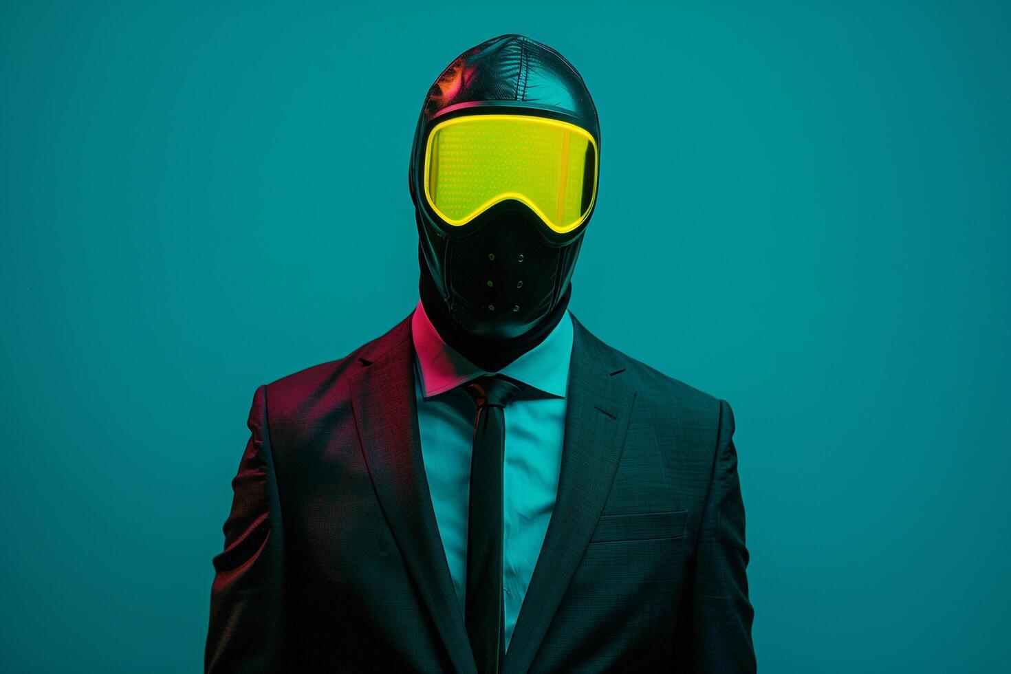 Tailored Suit with Neon Yellow Ski Mask and Neon Teal Lifestyle Fashionable Male portrait with a dynamic Neon Teal background enhancing the suits style photo