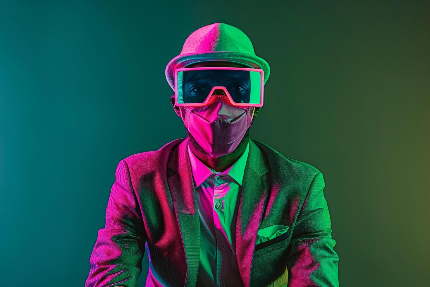 Tailored Suit with Neon pink Ski Mask and Neon Green Lifestyle Fashionable Male Fashion portrait with a dynamic Neon Green background for a modern touch photo