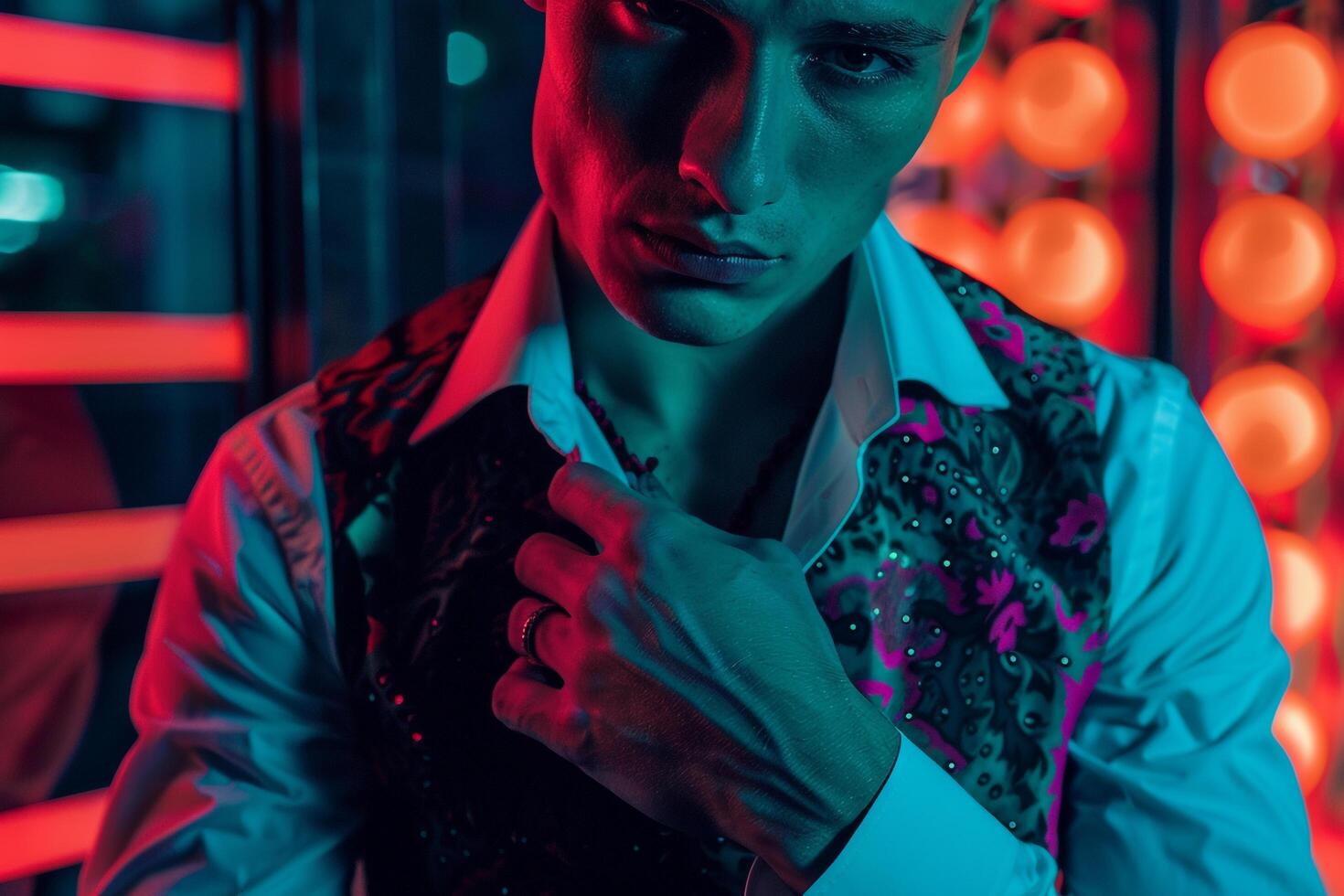 Casual Vest with Neon Aqua Lifestyle Stylish Male portrait with a vibrant Neon Aqua background for a modern and casual look photo