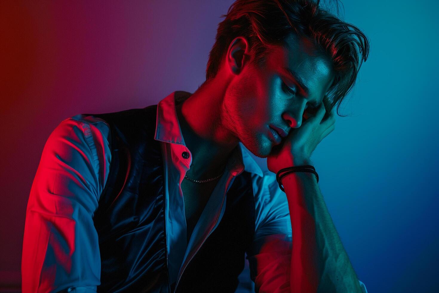 Casual Vest with Neon Aqua Lifestyle Fashionable Male portrait with a vibrant Neon Aqua background adding a fresh touch to the vest photo
