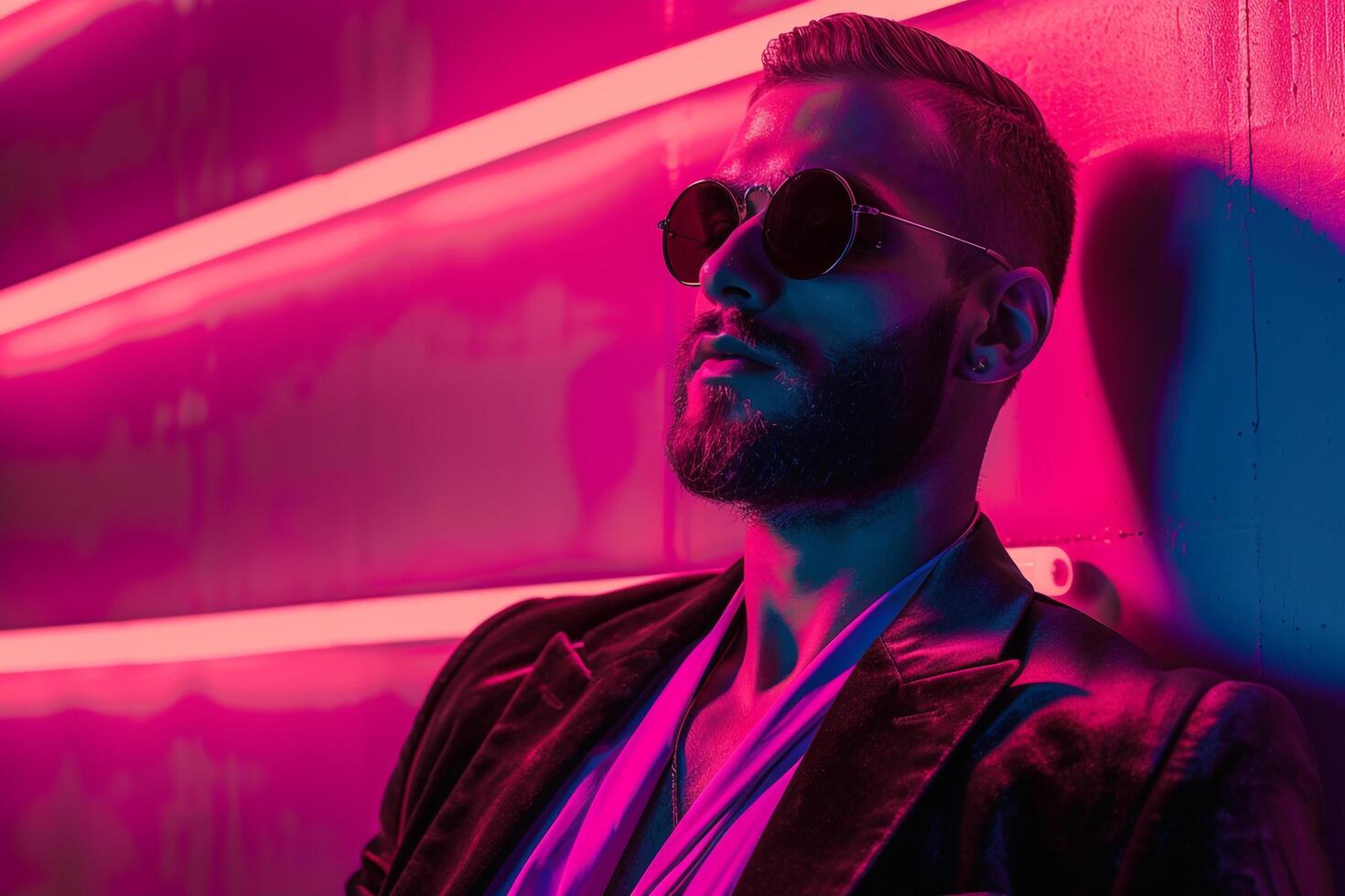 Velvet Blazer with Neon pink Lifestyle elegant Male Fashion portrait with a bold Neon pink background enhancing the stylish look photo