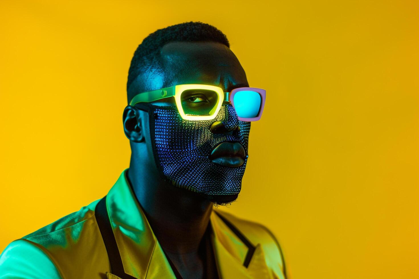 Trendy Blazer with Neon Black Sneaker Mask and Neon Yellow Lifestyle Modern Male Fashion portrait with a vivid Neon Yellow background for a chic look photo