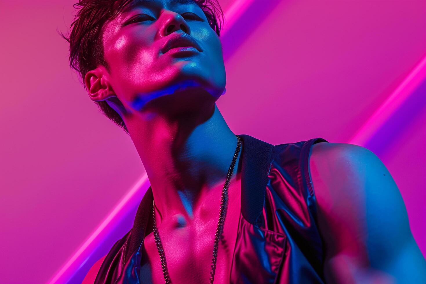 Fashionable Male portrait in Trendy Vest with Neon purple Lifestyle Background Sleek and Modern Look with Bold Design eleMalets and Contemporary Style photo