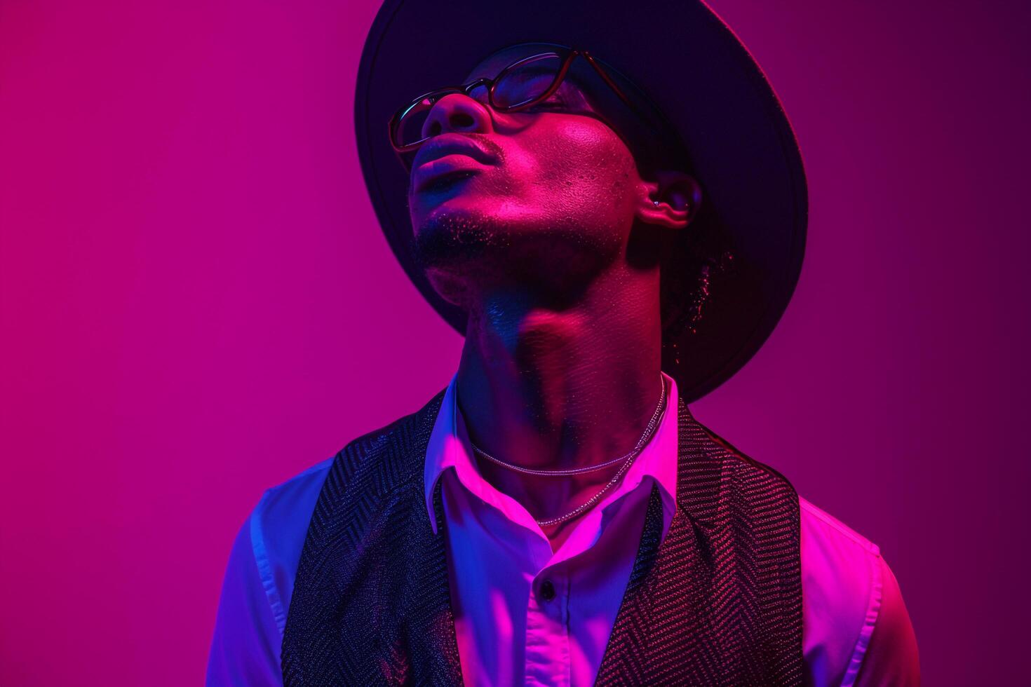 Sophisticated Male portrait in Trendy Vest with Neon purple Lifestyle Background Sleek and Modern Male Fashion with Bold and Stylish Design eleMalets photo
