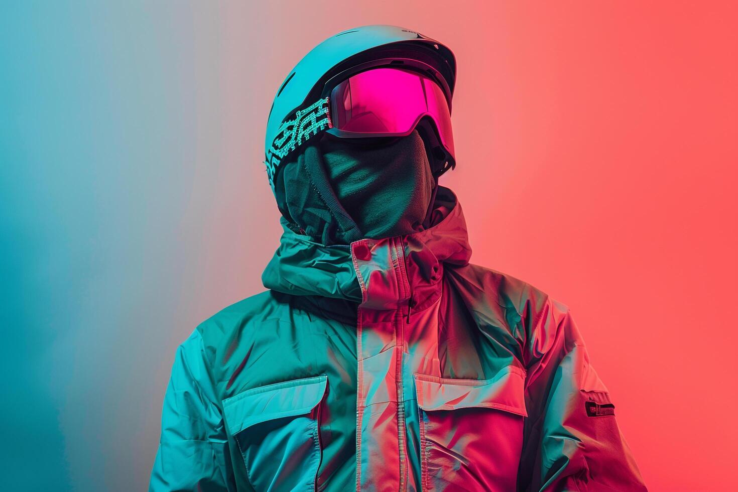 Chic Male portrait in Casual Jacket with Neon Green Ski Mask and Neon Coral Lifestyle Background Modern and Stylish Look with Contemporary Appeal photo